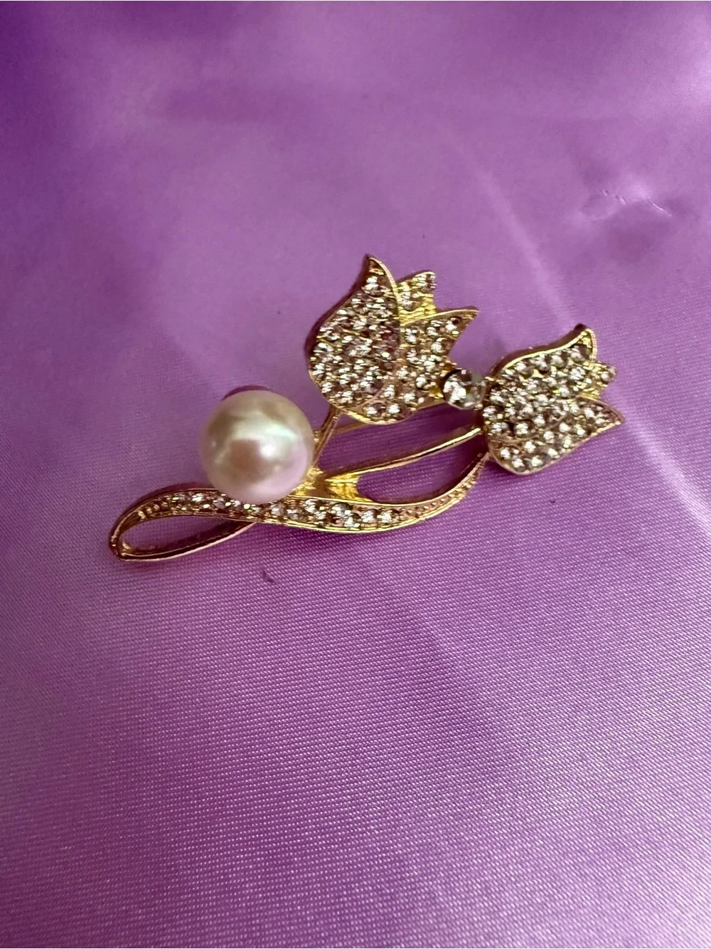 Gold Tulip Pearl and Crystal Brooch - Women Jewelry